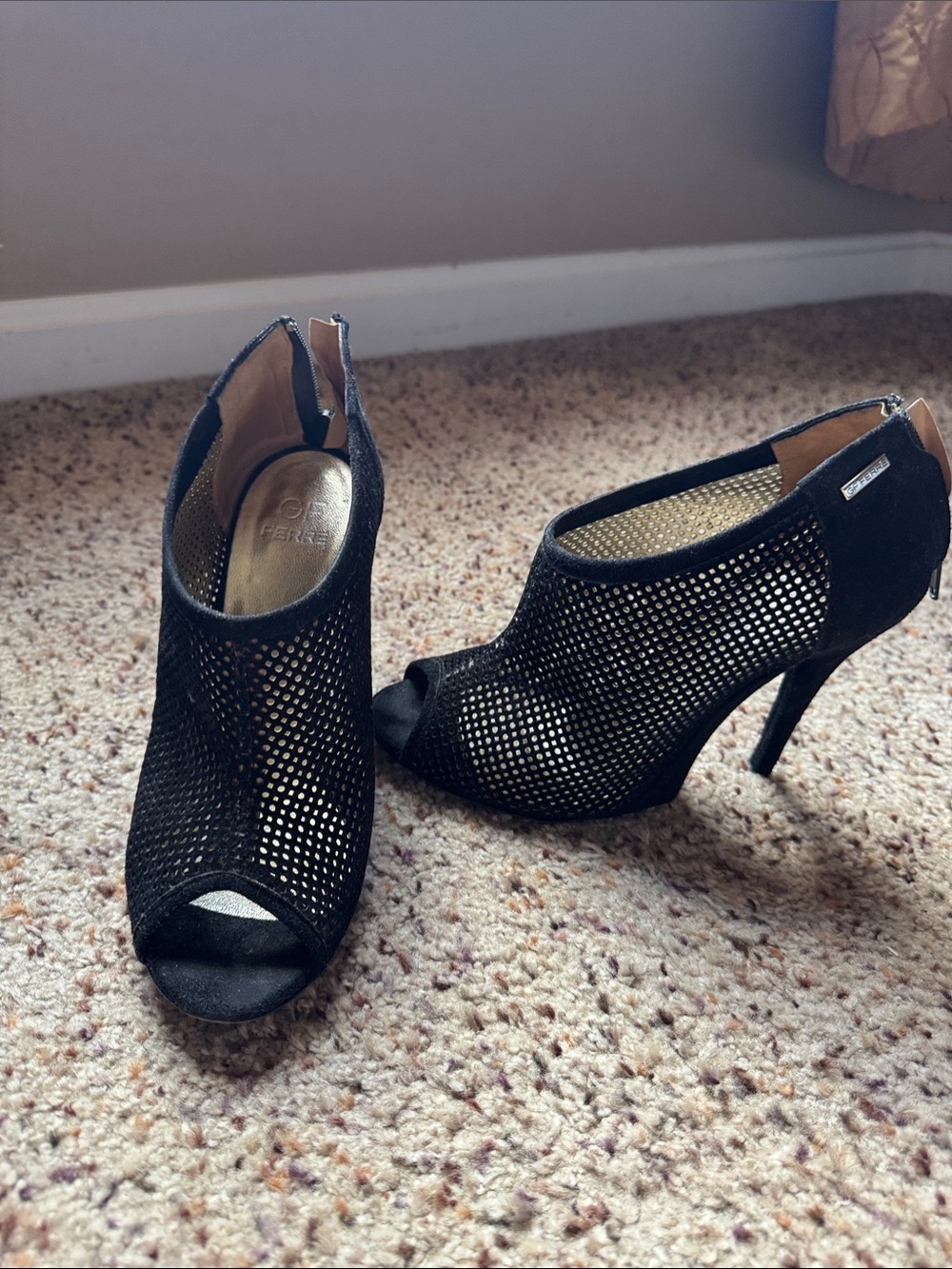 GF Ferré Black Mesh Peep-Toe Leather High Heel Booties
